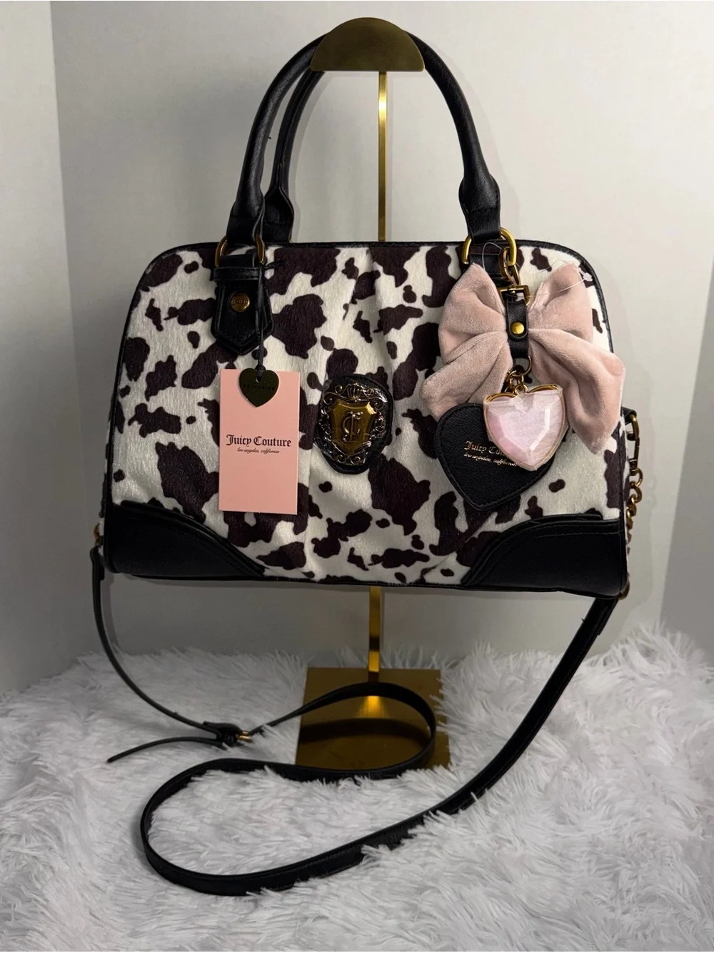 Juicy Couture Black & White Cow Print Satchel with Pink Bow Charm
